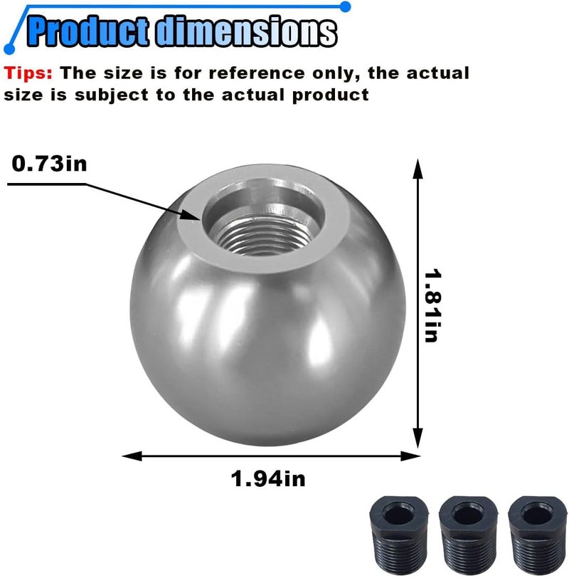BDZMC Car Round Ball Gear Shift Knob, Aluminum Alloy Gear Shift Stick Head for Most Manual Vehicles with 3 Adapters M8, M10, M12 (Silver) - Image 2